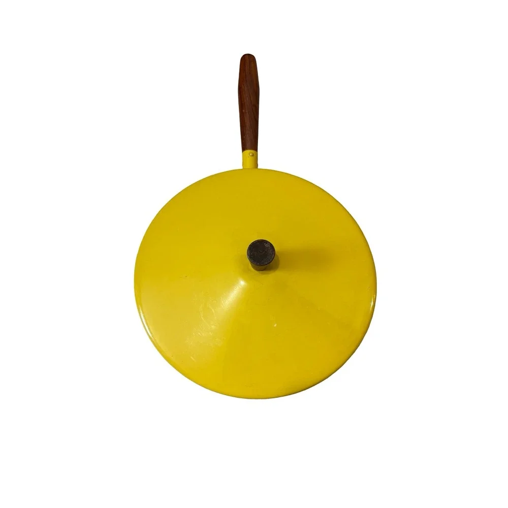 Vintage MCM Yellow Aluminum Skillet with Lid Wood Handle Retro 8 inch Pan